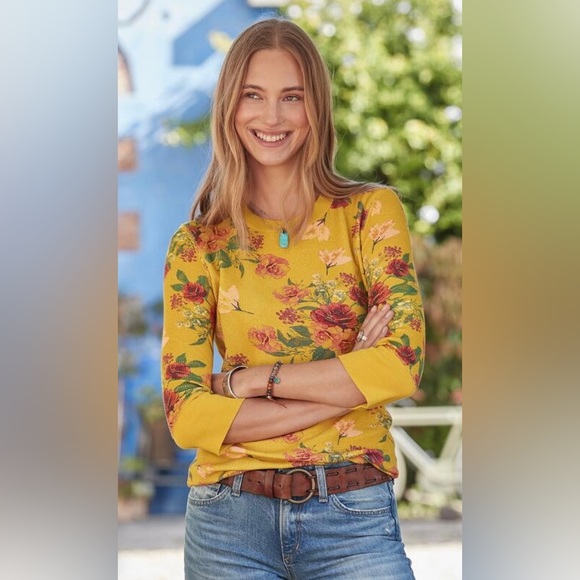 SUNDANCE Sunset Garden Waffle Tee Blue Floral WOMENS SIZE SMALL - Picture 1 of 8